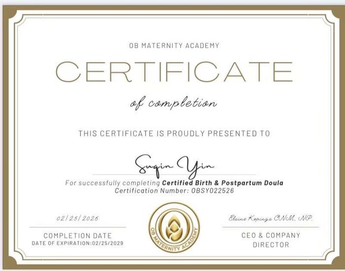 OB Maternity Academy Certified Birth and Postpartum Doula certificate