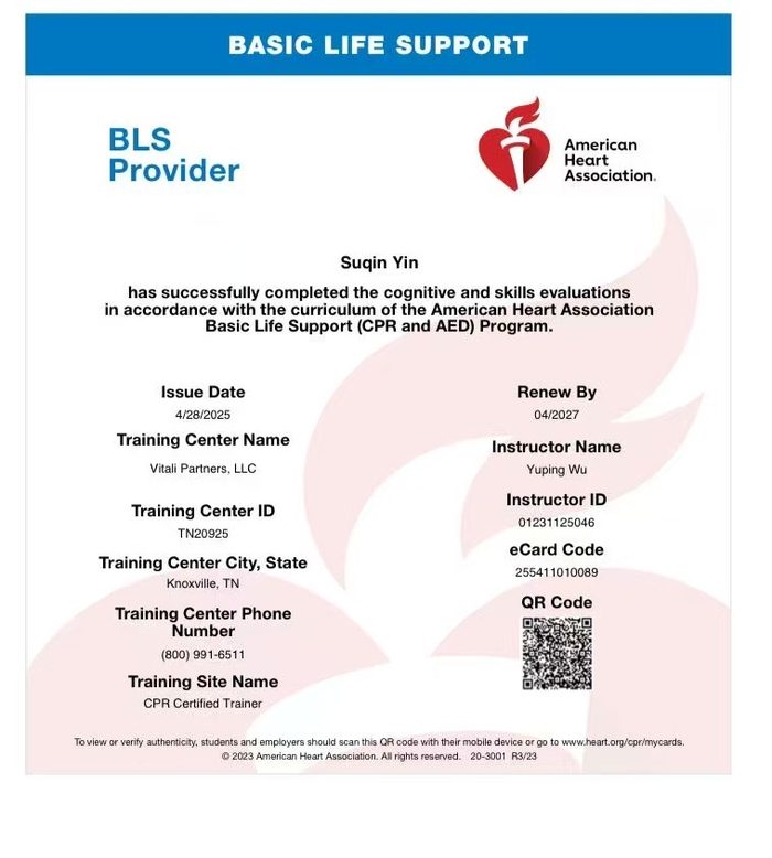 American Heart Association BLS Provider CPR and AED certificate