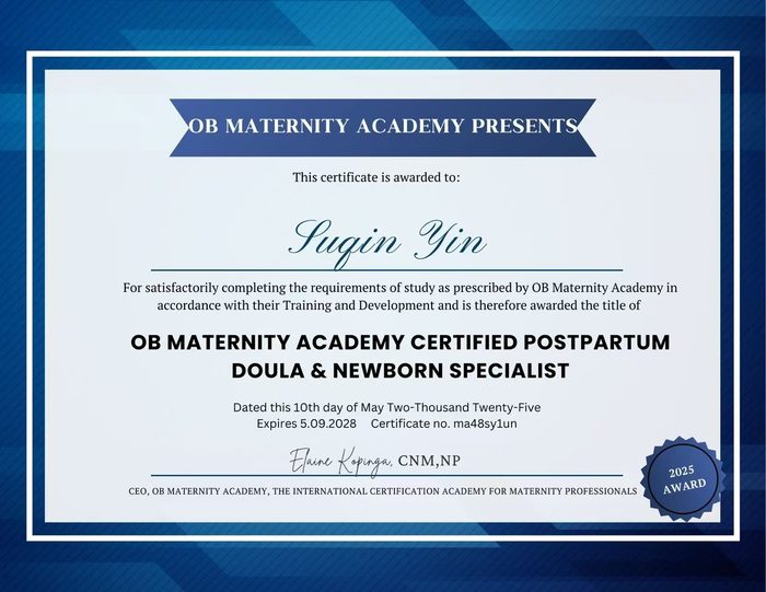 OB Maternity Academy Certified Postpartum Doula and Newborn Specialist certificate